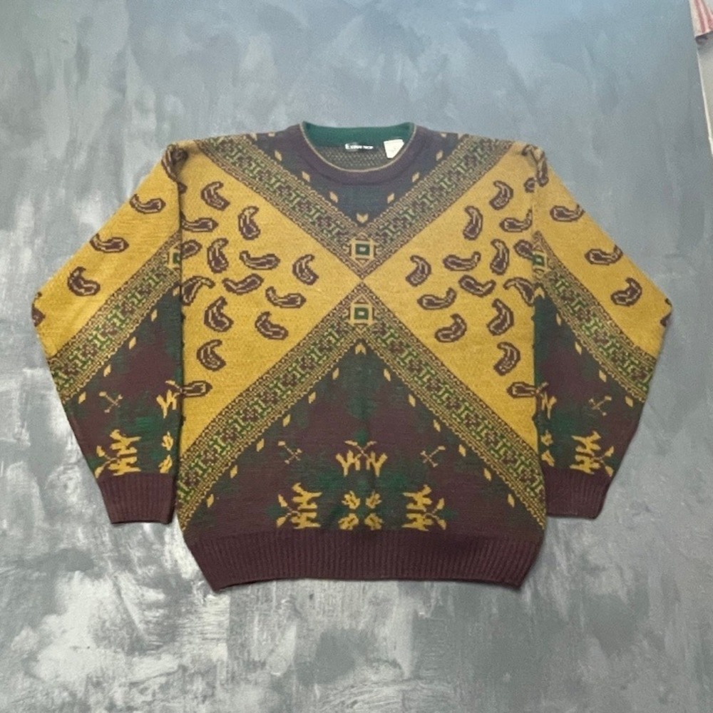 Vintage Paisley Geometric Sweater Men Medium Brown 90s Exigence